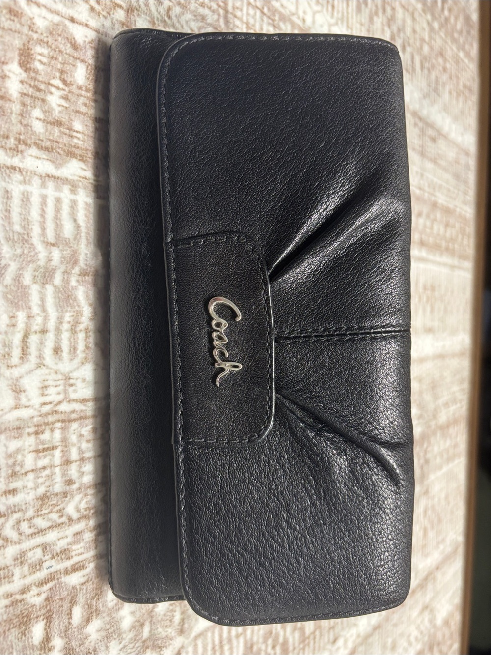 Coach Black Leather Continental Wallet with Silver Logo and Matching Checkbook